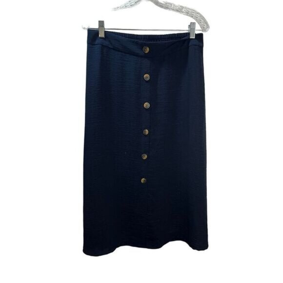 NWOT SOHO Navy Linen Look‎ Button Up Midi Skirt Medium - Picture 1 of 4